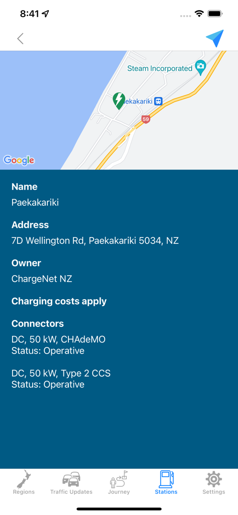 EV charging station information and map in the NZ Traffic app