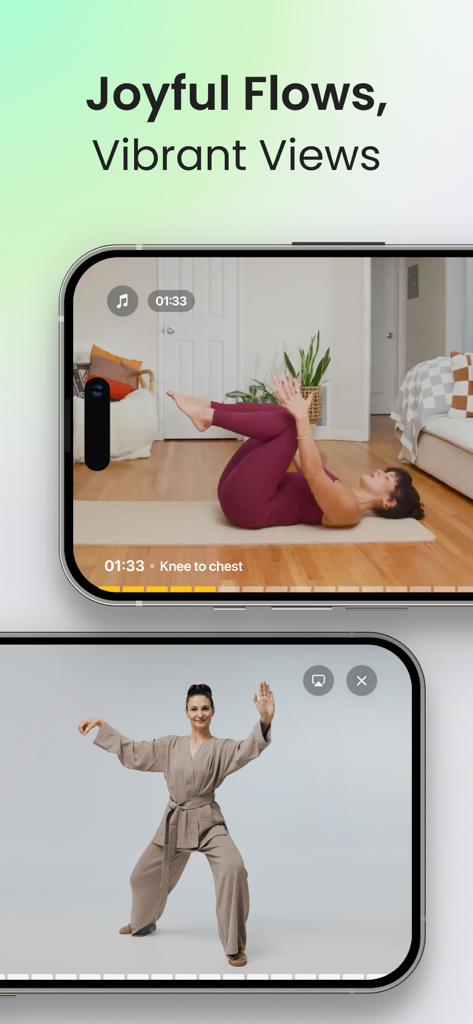 Two iPhone screens displaying a woman practicing knee to chest stretches and another woman performing Tai Chi within the Yoga-Go app.