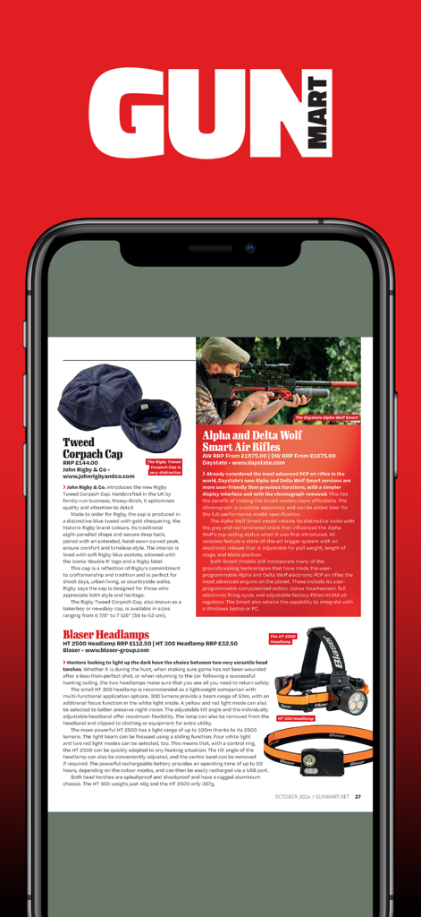 GunMart Magazine - A smartphone displaying the GunMart Magazine app with reviews on air rifles, headlamps, and hunting clothing.