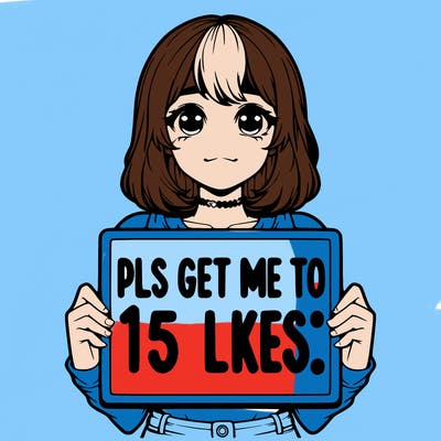 realistic girl holding up a sign that says “pls get me to 15 likes!”