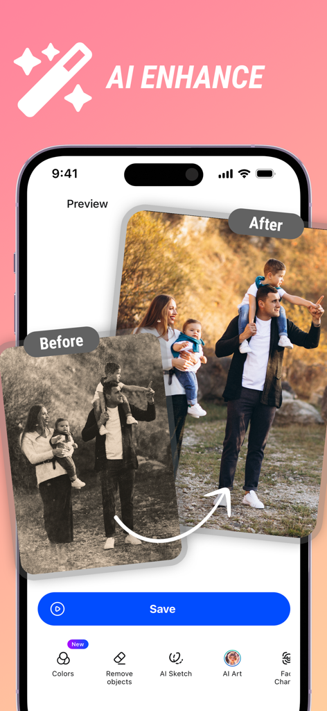 Future Self Face Aging Changer - Before and after comparison of a family photo using the AI enhance feature to restore color and clarity