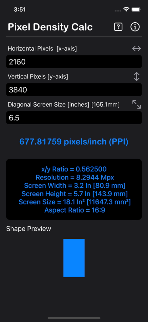 Pixel Density Calculator - ピクセル密度計算機アプリのインターフェイス。PPI計算結果とモバイル画面のディスプレイ仕様を表示しています。
