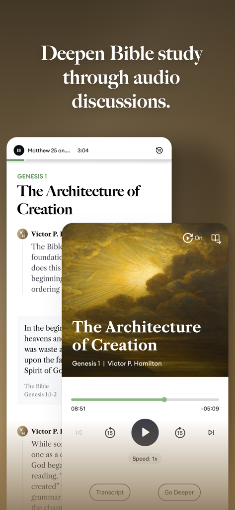 Rebind Study Bible - The Rebind app showing an audio study session on Genesis 1 titled The Architecture of Creation with playback controls and expert commentary.