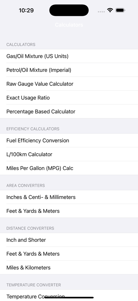 Menu principal listando vários calculadores de proporção de combustível e conversores de unidades