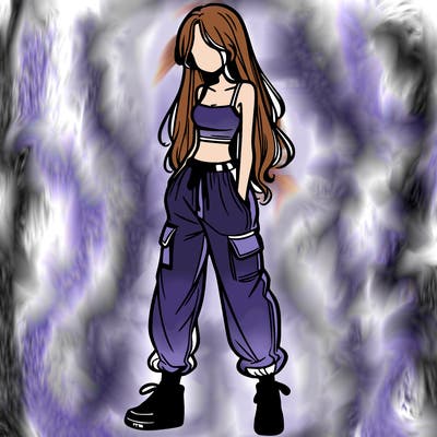 girl in baggy pants crop top and long hair