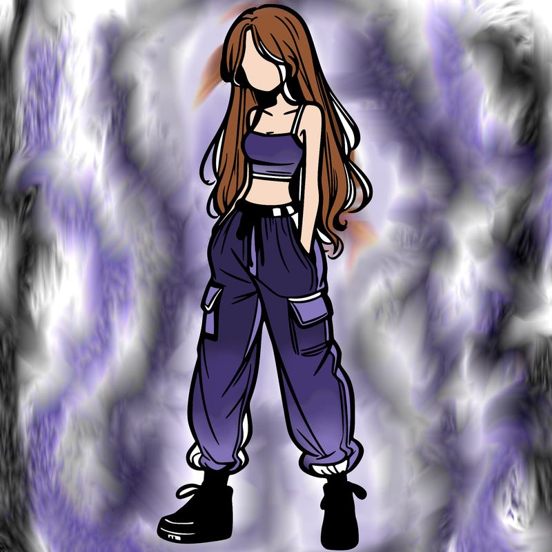 girl in baggy pants crop top and long hair