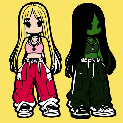 girl in baggy pants crop top and long hair