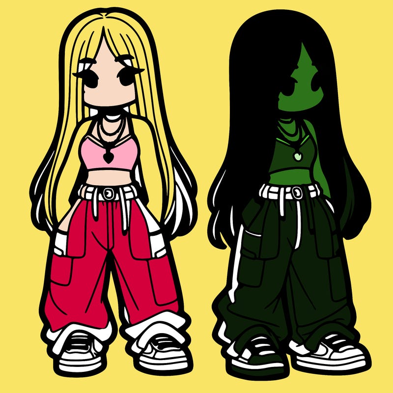 girl in baggy pants crop top and long hair