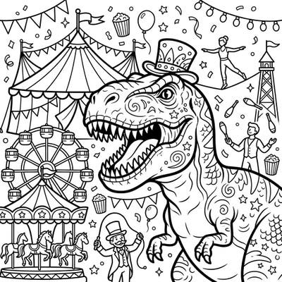 Step into a world where a T-Rex joins the circus in this exciting coloring page! Color a mighty dinosaur with impressive teeth amidst festive carnival tents, a Ferris wheel, and lively performers.