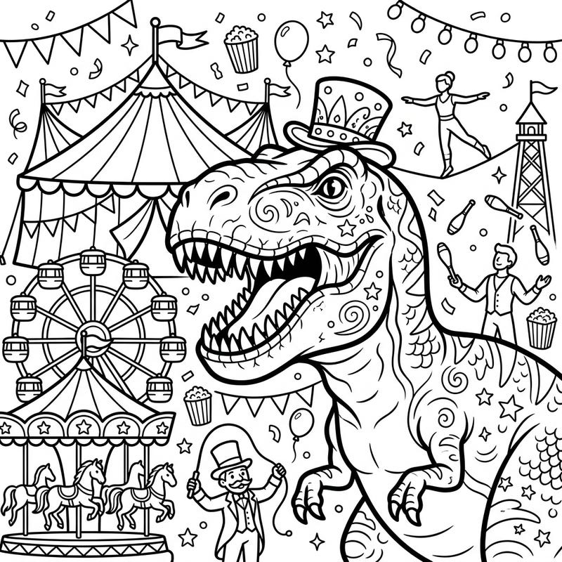 Step into a world where a T-Rex joins the circus in this exciting coloring page! Color a mighty dinosaur with impressive teeth amidst festive carnival tents, a Ferris wheel, and lively performers.
