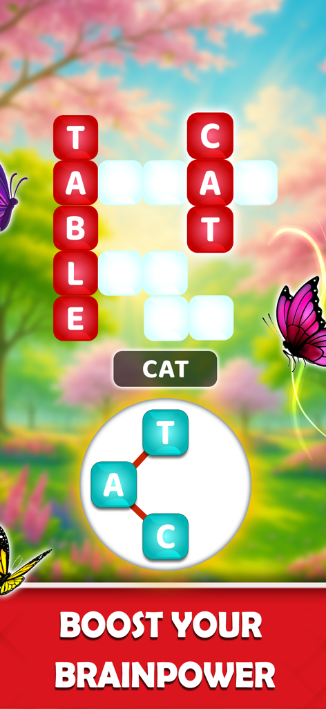 Word Fit - Game - A mobile word puzzle game screen showing a crossword grid and a letter wheel over a serene nature background with butterflies.