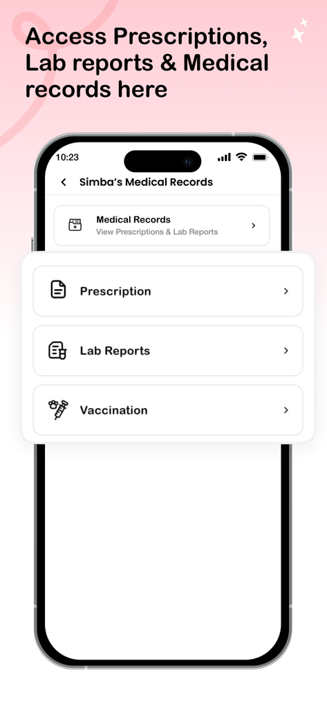 Mobile app interface of Vetic showing options for pet prescriptions lab reports and vaccination records
