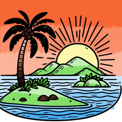 an island with a sunset and a palm tree