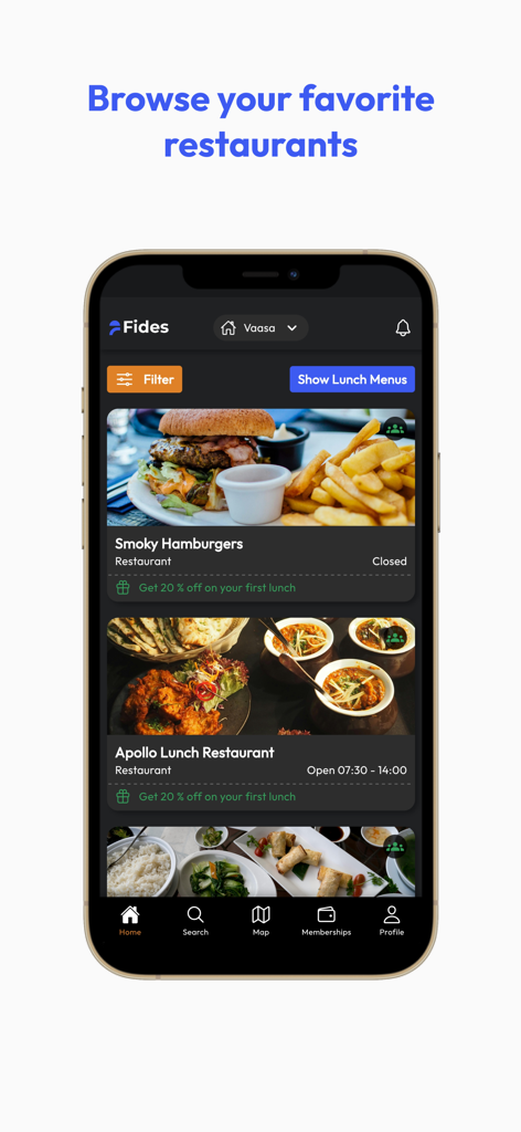 Smartphone screen displaying local restaurant listings and discounts in the Fides app