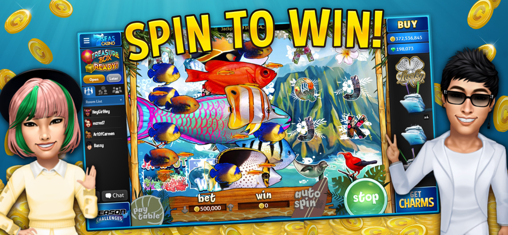 Interfaz de la aplicación 7 Seas Casino con máquinas tragamonedas temáticas de peces tropicales y avatares de jugadores