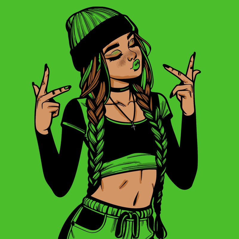 realistic teenage girl with braids and a beanie and crop top doing 🫶🏼