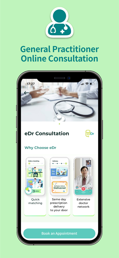 가정의학과 의사 온라인 상담 및 처방전 배달 기능을 보여주는 Watsons eDr 앱 인터페이스