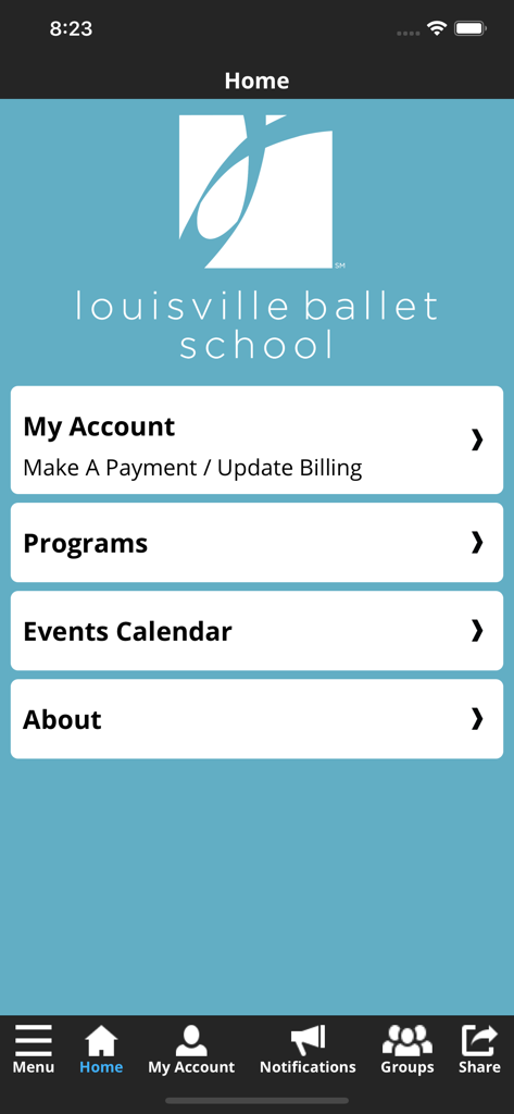 Louisville Ballet School - Pantalla de inicio de la app móvil de la Escuela de Ballet de Louisville con botones de navegación para gestión de cuenta, programas y calendario de eventos.