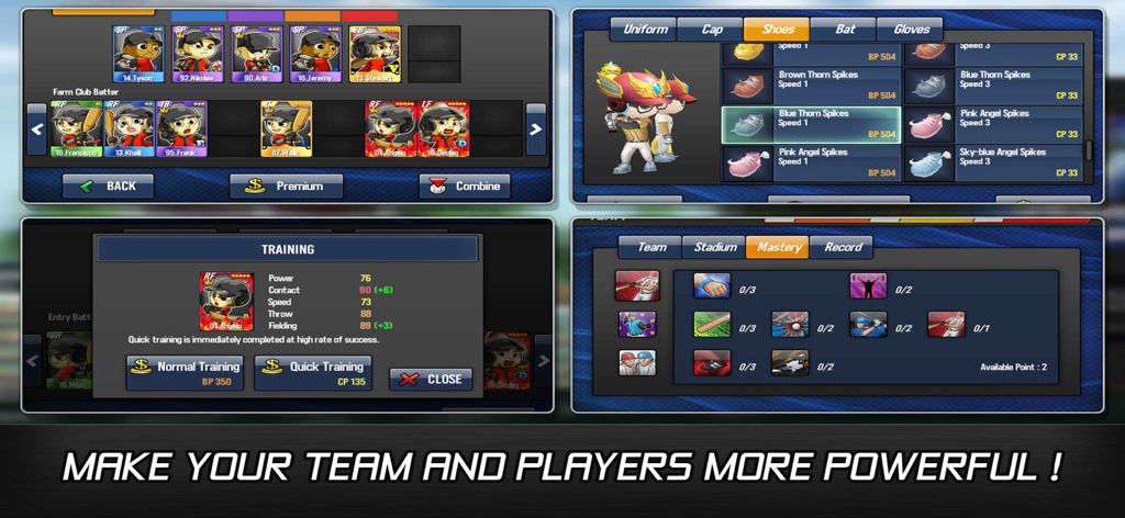 Baseball Star - Interfaz que muestra el entrenamiento de jugadores, la tienda de equipamiento y la alineación del equipo en el juego Baseball Star