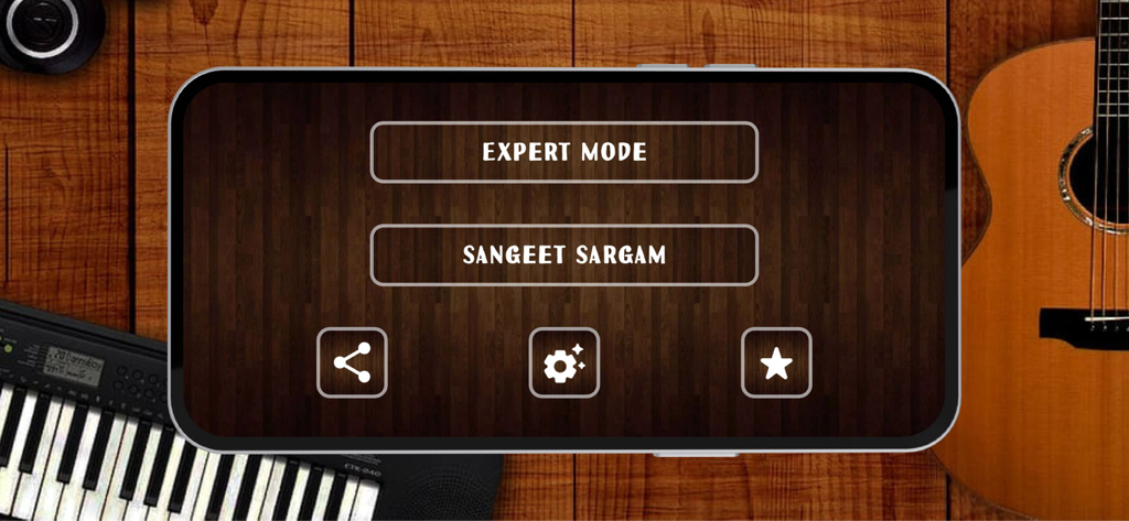 Main menu of the Saxophone Instrument app showing Expert Mode and Sangeet Sargam options