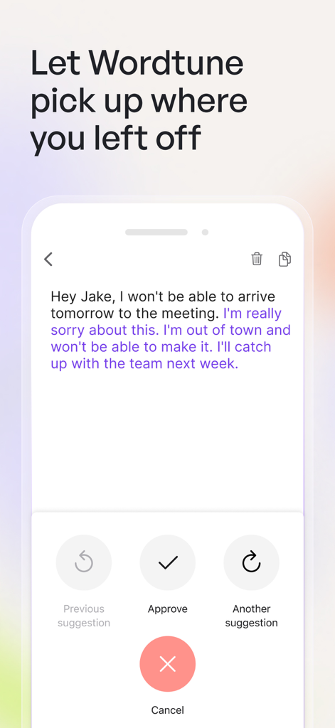 Wordtune: AI Writing Keyboard - La aplicación Wordtune muestra sugerencias de escritura de IA para completar un mensaje