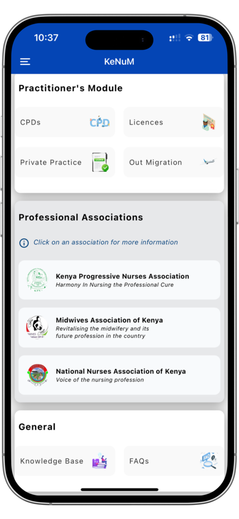 KeNuM - KeNuM app interface showing practitioner modules and Kenyan professional associations