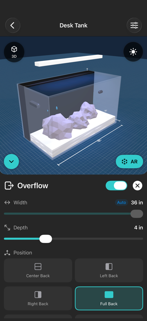 Aquarium Planner ARアプリの3D水槽モデルのオーバーフローカスタマイズ設定を表示するスマートフォンのインターフェース。