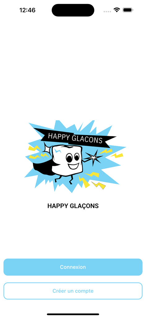 Happy Glaçons - Happy Glacons app welcome screen featuring a cartoon ice cube character and login buttons