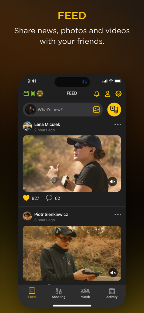 Drills: Shooting Training app - Social feed screen of the Drills app where shooters share videos and training progress.