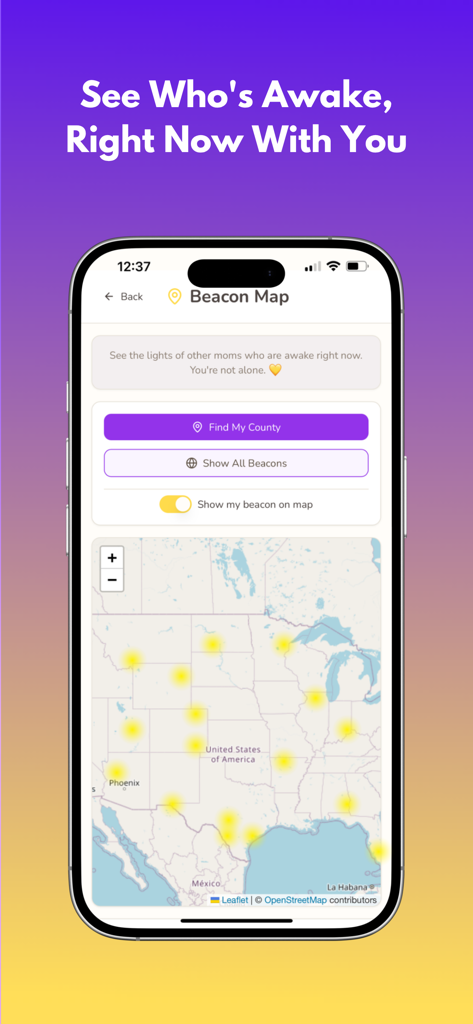Beacon: Postpartum Support - A mobile app screen showing a map of the United States with glowing dots representing other active moms in the Beacon community.