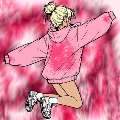realistic girl jumping with a bun and oversized sweatshirt