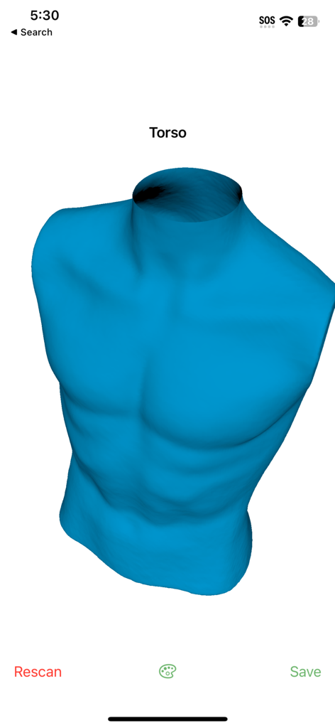 SnugFit O&P 3D Scanner - A blue 3D digital model of a human torso being processed in the SnugFit O&P scanning app.