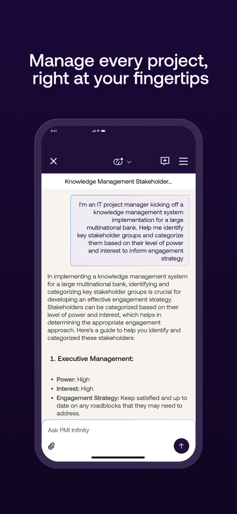 PMI Official - PMI Official app displaying the PMI Infinity AI assistant for project management advice