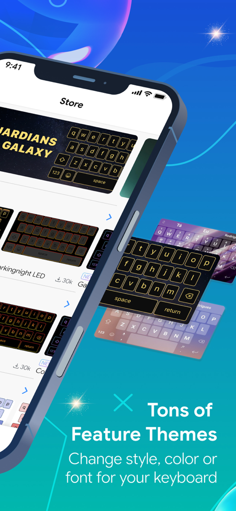 Led Color Keyboard - SnapKey - 개인 설정을 위한 다양한 네온 및 LED 키보드 테마 라이브러리를 보여주는 스마트폰 화면