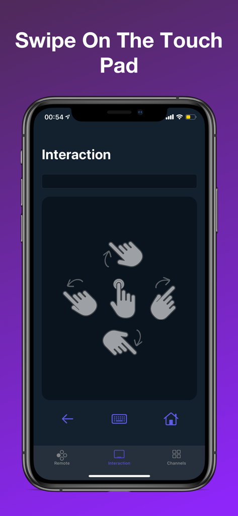 TV Remote Control For Roku - Interfaz de la aplicación de control remoto Roku con un panel táctil para la navegación mediante gestos de deslizamiento.