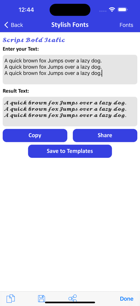 DualChat app interface showing the stylish fonts feature for customizing text messages