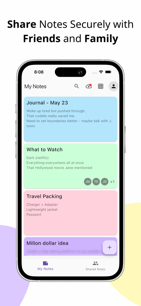 Un smartphone que muestra la pantalla Mis Notas de la aplicación Notas Compartidas con notas categorizadas para entradas de diario, listas de seguimiento y listas de embalaje de viaje.