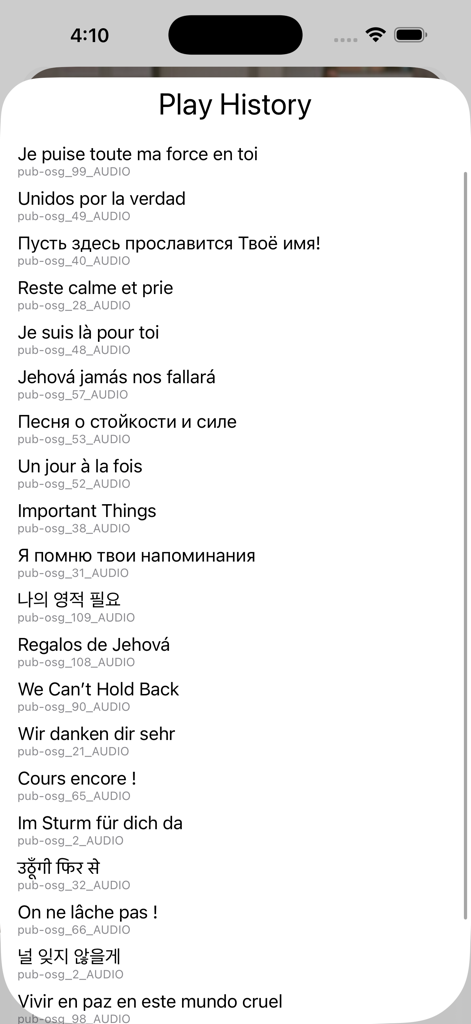 A screen in the JWX app showing a list of recently played audio tracks in various languages including English, Spanish, and French.