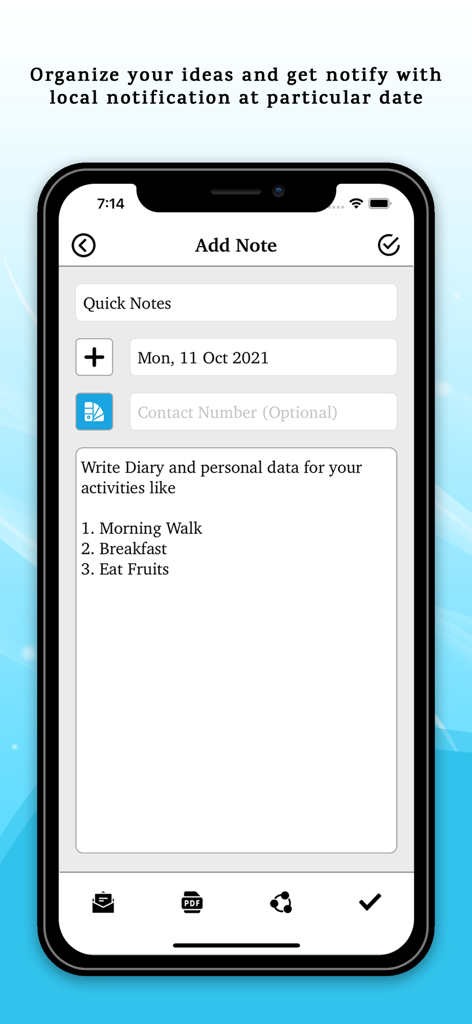 Interfaz de la aplicación Notepad Plus Pro para crear una nueva nota con recordatorio y opciones de exportación a PDF.