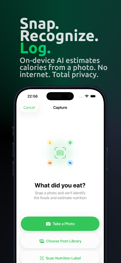 Calometric — Calories Tracker - Pantalla de captura de la aplicación Calometric mostrando el reconocimiento de alimentos por IA y las opciones de escaneo de etiquetas nutricionales