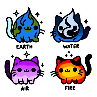 4 cats that represent the different elements, earth, water, air, and fire