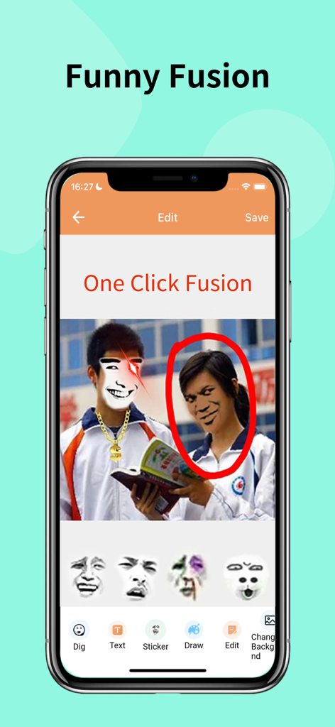 Funto - Funto app interface showing the one click fusion feature to add funny face stickers and gold chains to photos