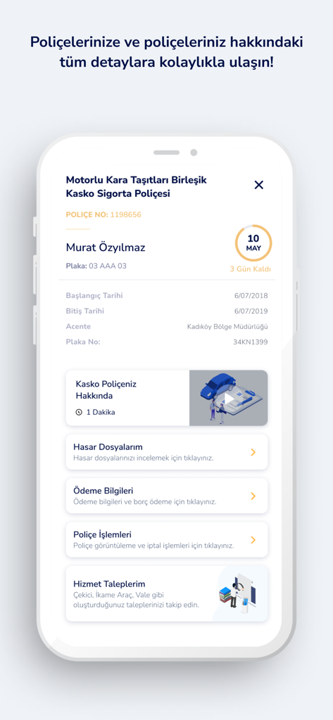 Mobile app interface displaying comprehensive car insurance policy details in Turkish