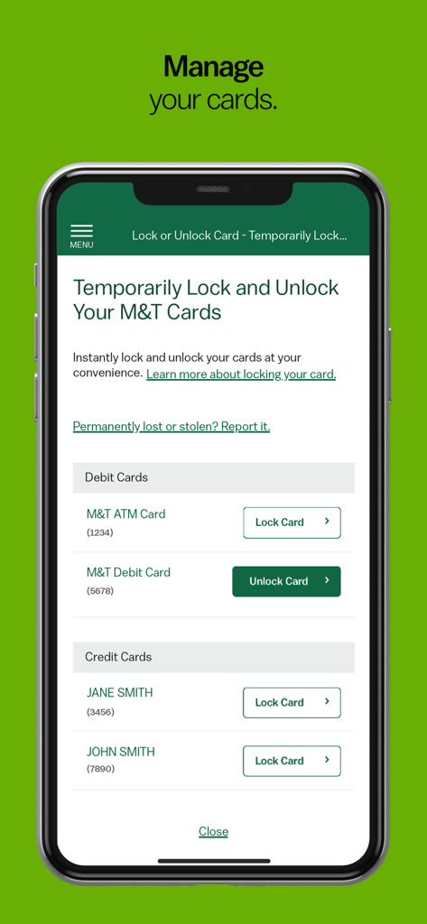 Pantalla de la aplicación M&T Mobile Banking para gestionar y bloquear tarjetas de débito y crédito