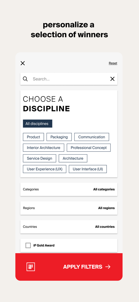 App screen to personalize design winners by selecting disciplines like Product and UI.