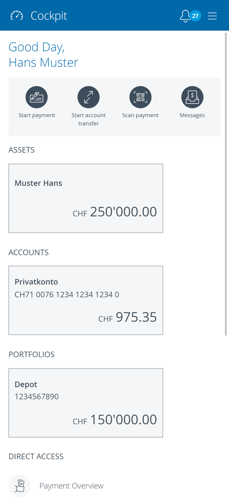 Panel de control de la App Móvil AKB mostrando activos financieros y saldos de cuenta