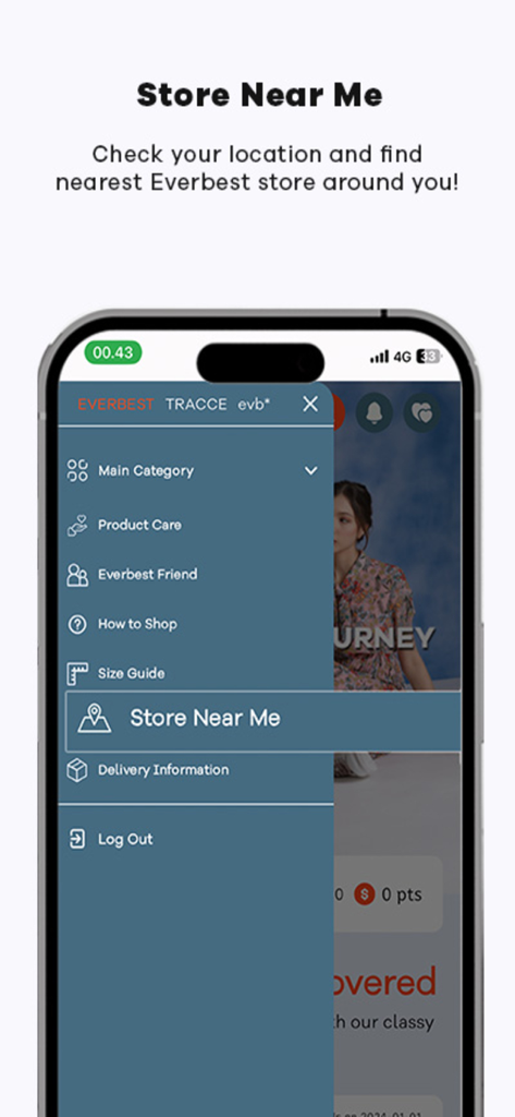 Everbest - Everbest mobile app menu displaying the Store Near Me location finder feature