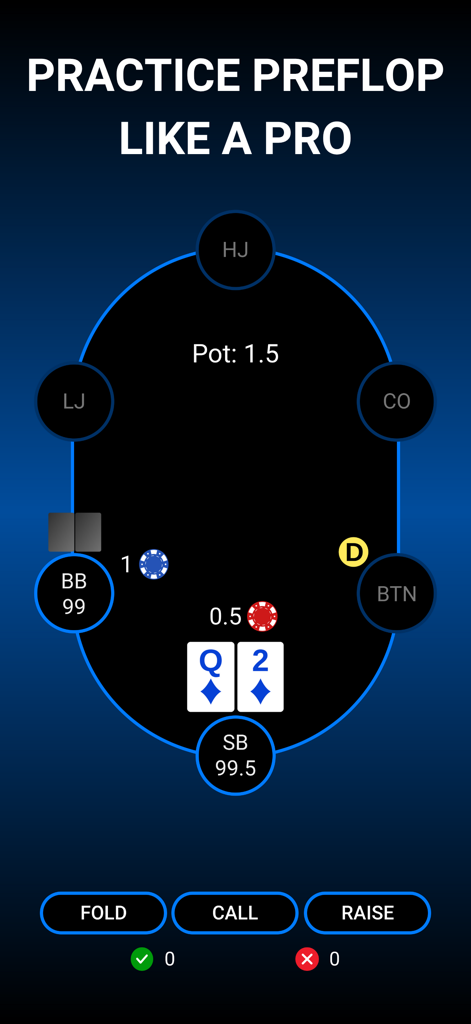 Poker Trainer - Learn Poker - Mobile App-Oberfläche von Poker Trainer, die eine Preflop-Übung an einem virtuellen Pokertisch mit Aktionsschaltflächen für Fold, Call und Raise zeigt