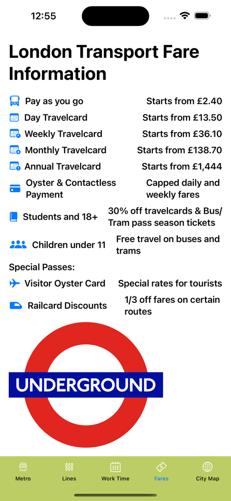 Pantalla de información de tarifas de transporte de Londres que muestra precios de boletos para diferentes tarjetas de viaje