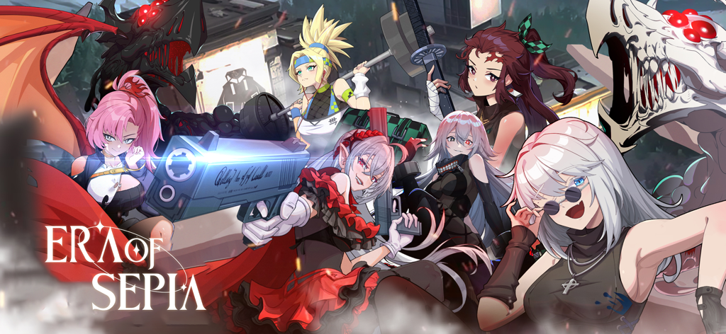 Group of anime-style female heroes with weapons from the RPG game Era of Sepia